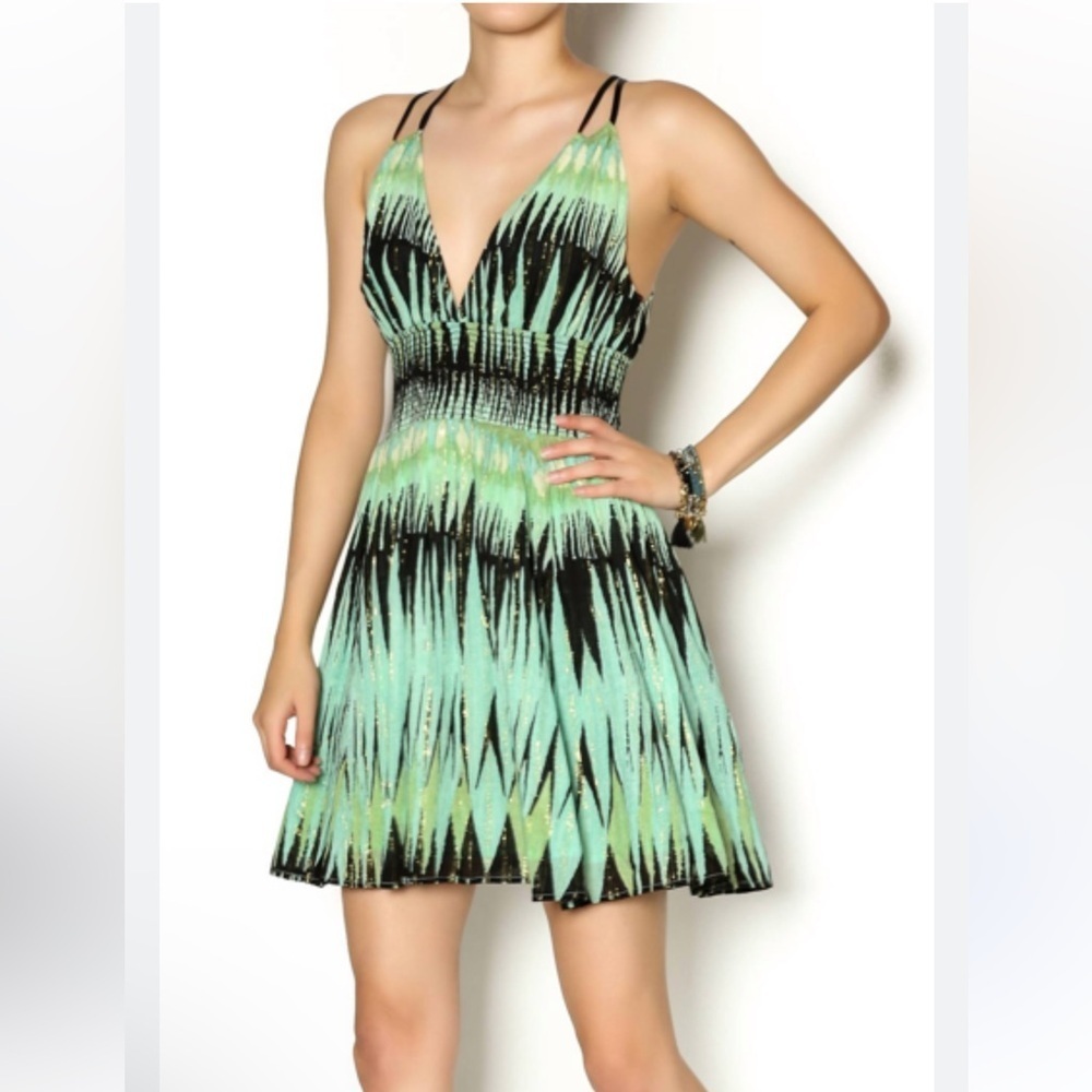 Free People Indian Summer Green Black Ikat Lurex Mini Dress Size S Smocked - Picture 10 of 10